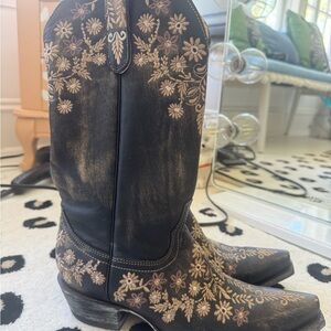 Embroidered Black and Brown Heeled Boots